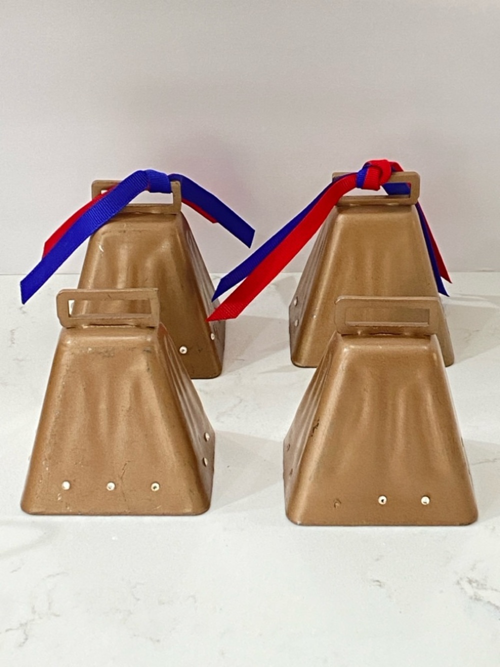 Set of 4 Vintage Long Distance Cowbells with Red & Blue Ribbons